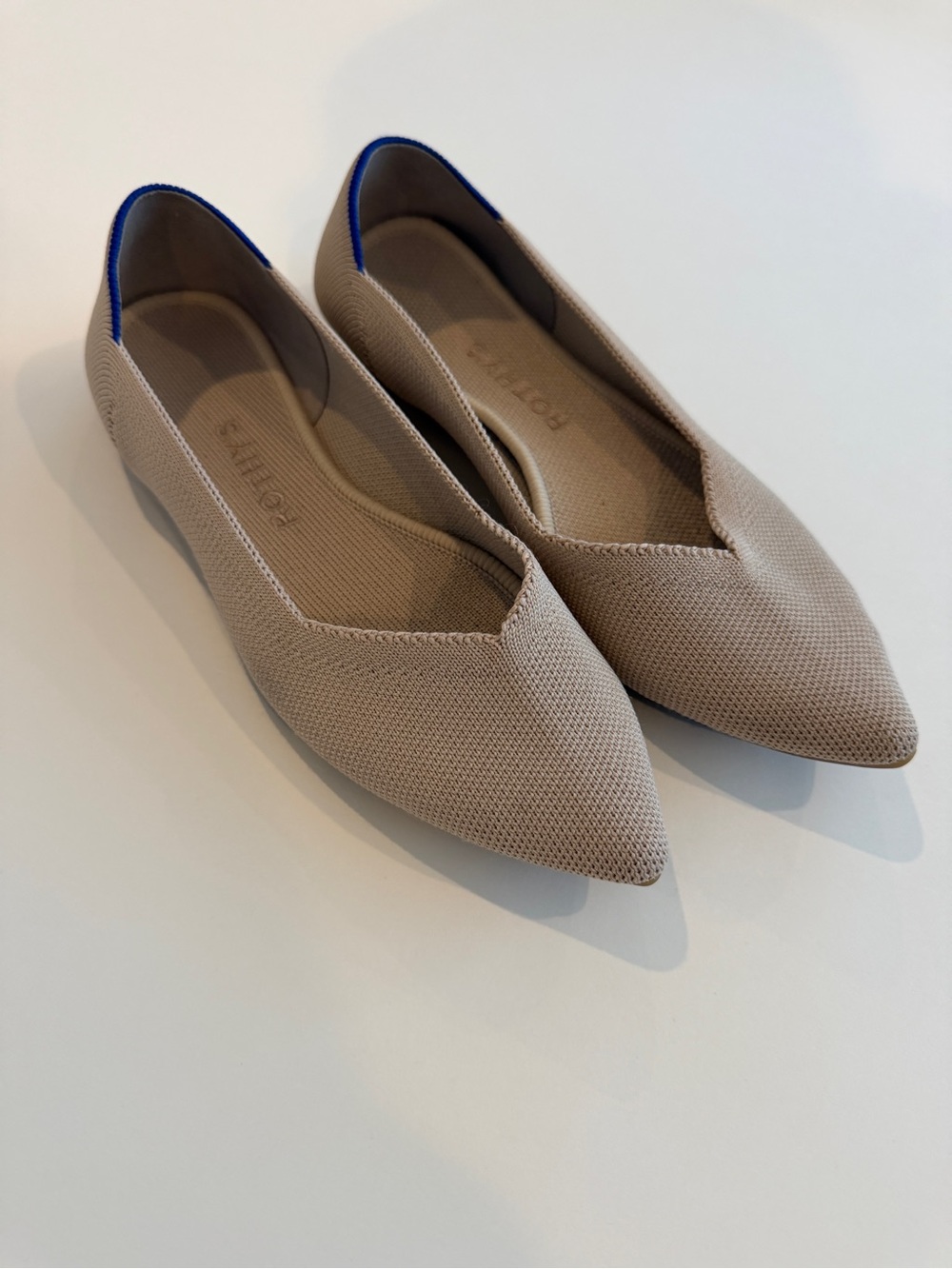 Rothy’s Pointed Knit Ballet Flats - Taupe with Blue Trim